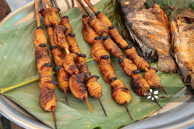 用比哈叶包裹的烤制丛林鱼的苏里。图片素材