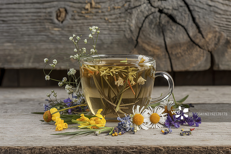 一杯盛有野花和各种草药的草本茶图片素材