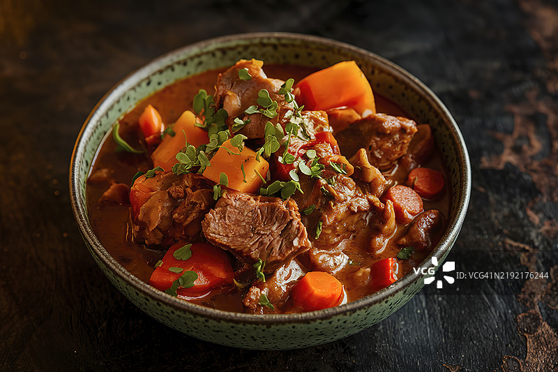 一碗丰盛的浓汤，背景为黑色乡村风格。图片素材