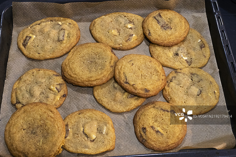 烤盘上的巧克力曲奇饼干图片素材