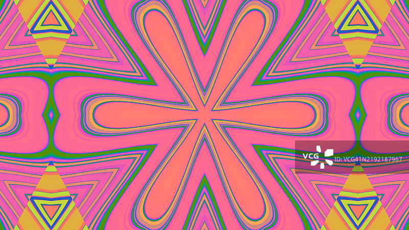 鲜艳的万花筒图案，明亮的黄色、粉色和绿色调 - 对称的花朵设计图片素材