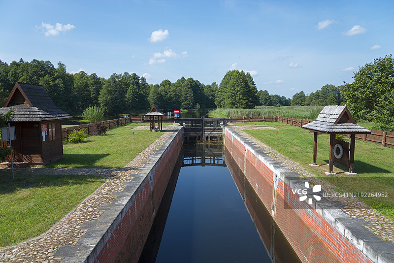 一条狭窄的运河带着闸门穿过绿色的森林景观，塔尔塔克闸，奥古斯托夫运河，苏瓦乌基，波德拉斯基，波兰，欧洲图片素材