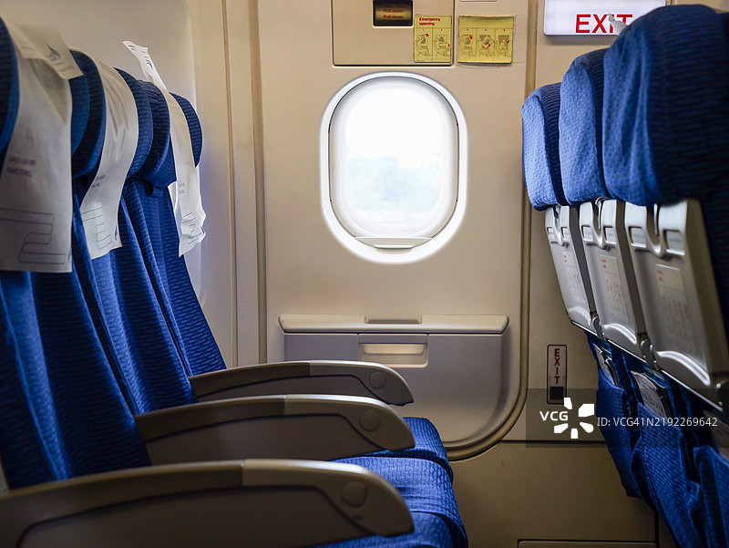飞机内部 - 低成本经济航空公司的托盘桌和窗户，阳光明媚的飞行中，留有空白空间图片素材