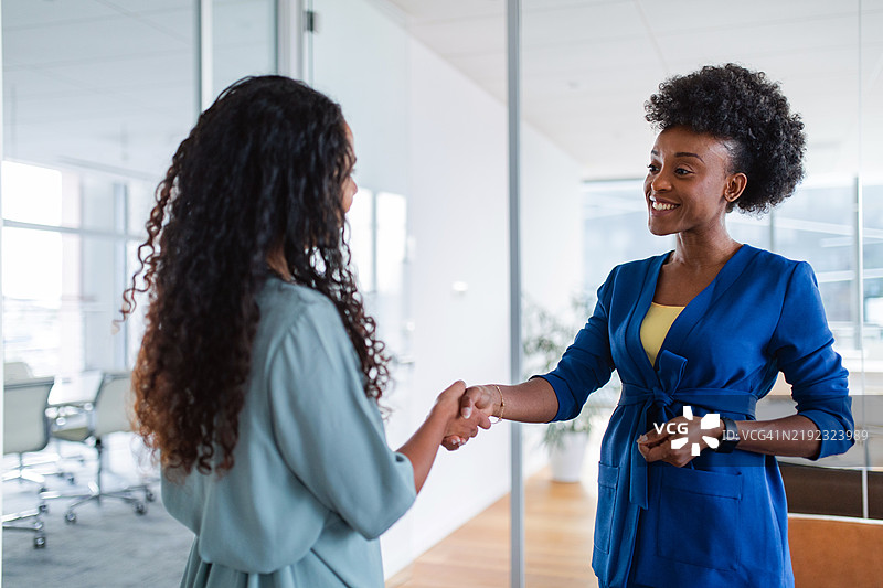 黑人和西班牙裔女商人在办公室握手图片素材
