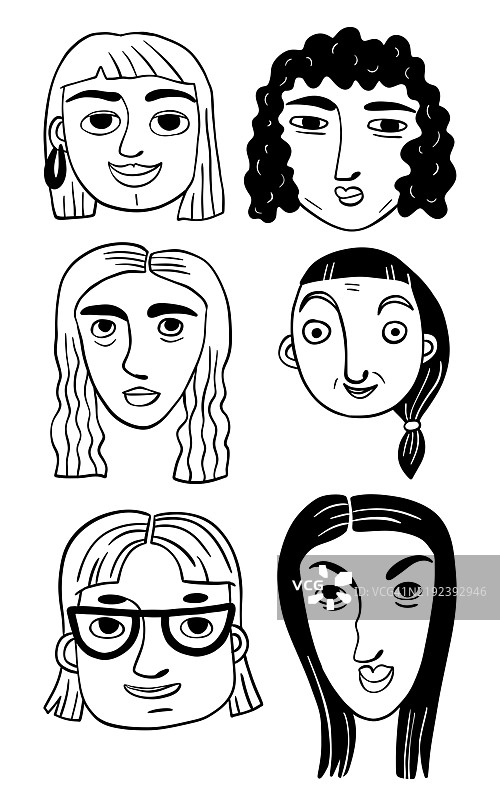 多样化的手绘黑白线条艺术女性面孔合集图片素材