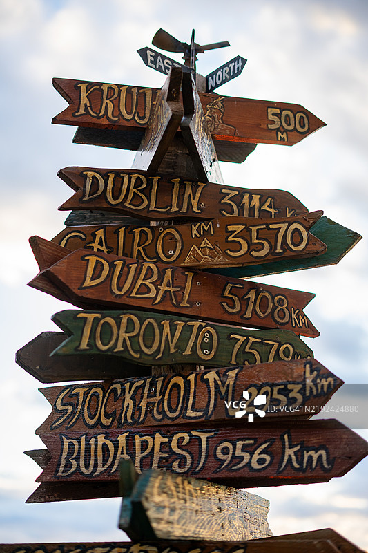 木制指示牌显示世界各城市的距离图片素材