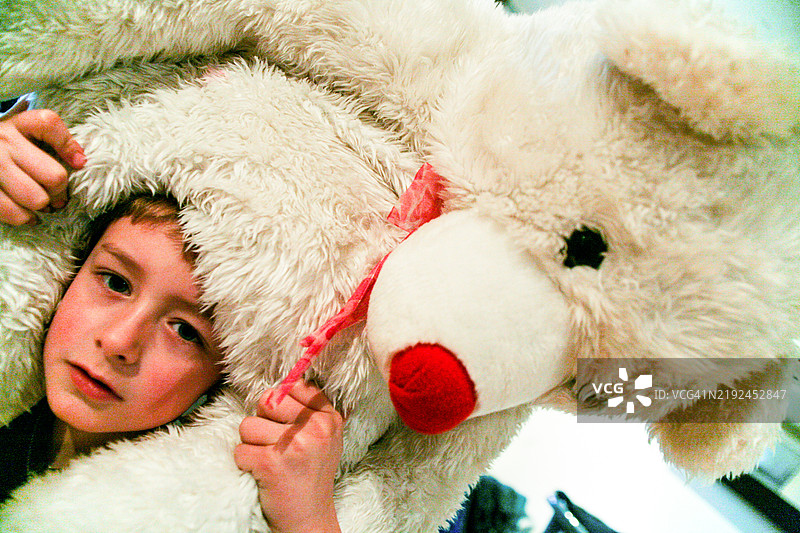 男孩肩上扛着巨大的北极泰迪熊图片素材