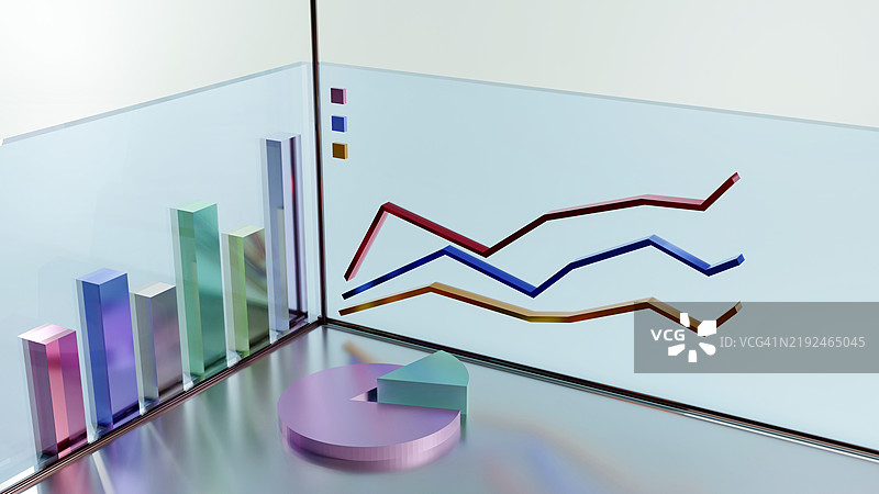 现代数据可视化：柱状图、折线图和饼图的3D图像图片素材