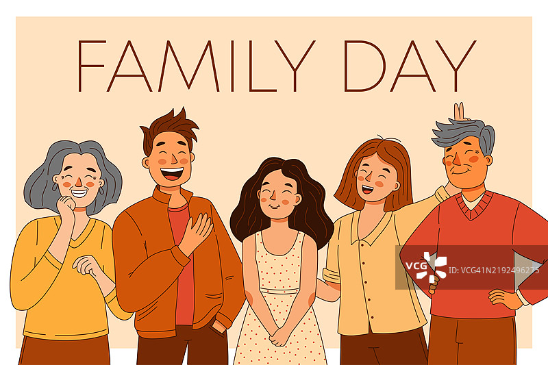 快乐的家庭，父亲和母亲，奶奶与爷爷，还有女儿，国际家庭日贺卡图片素材