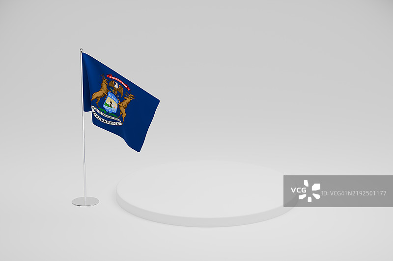密歇根州州旗模板，放置在白色讲台上图片素材