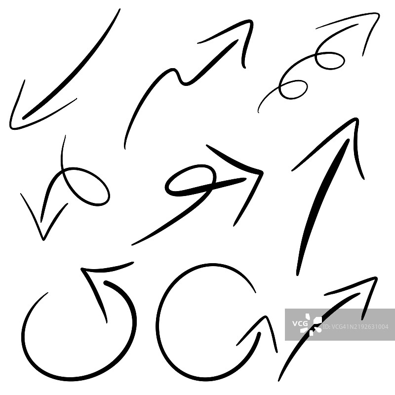 一组箭头绘图风格，孤立在白色背景上图片素材