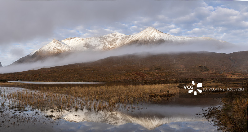 苏格兰高地的雪顶贝因艾赫山映照在克莱尔湖中图片素材