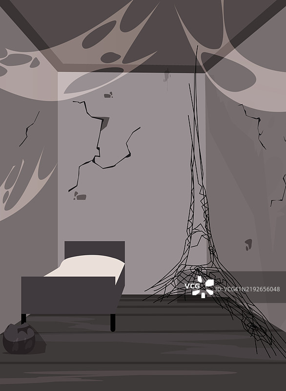 概念插图：在一间废弃的房间里，埃菲尔铁塔呈现为蜘蛛网的形状。图片素材