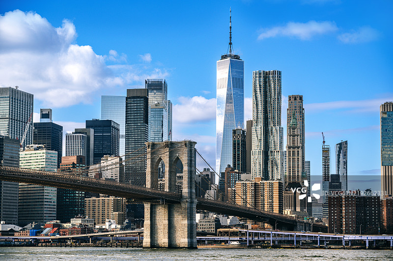 纽约市标志性的布鲁克林大桥和曼哈顿天际线风景图片素材