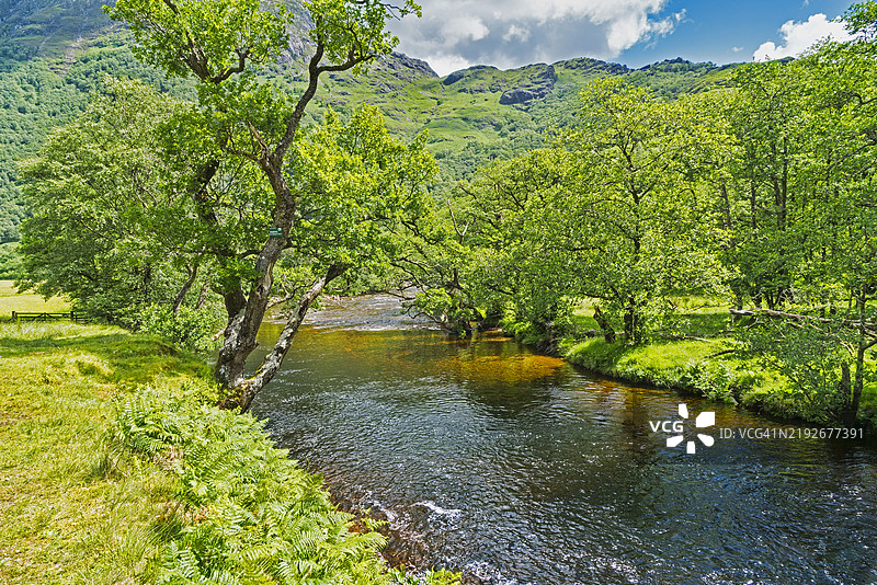 向北望去，沿着尼维斯河可以看到尼维斯山脉。苏格兰高地地区的威廉堡。图片素材