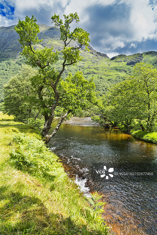 向北望去，沿着尼维斯河可以看到尼维斯山脉。苏格兰高地地区的威廉堡。图片素材