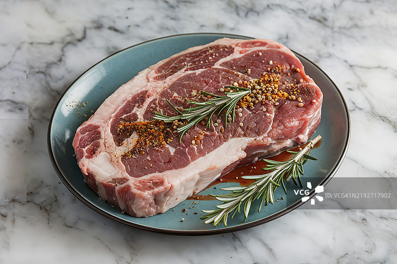 一块生猪肉排放在盘子上图片素材