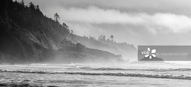俄勒冈州海岸的雾气，黑白摄影，美国图片素材