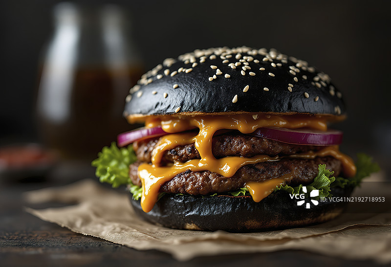 一张美味汉堡的特写镜头，黑色汉堡包上撒有白色芝麻。图片素材