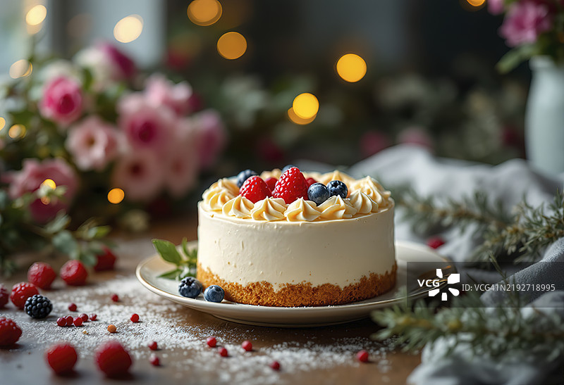 一个愉快而节日气氛浓厚的场景，展示了一块美味的蛋糕放在盘子上。图片素材