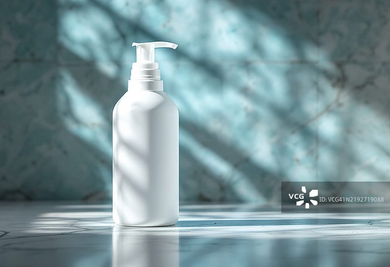 一张白色塑料瓶的照片，瓶身上有一个空白标签，用于液体洗涤剂。图片素材