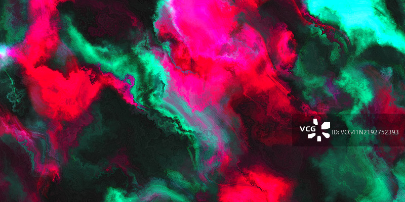 充满活力的红色和绿色抽象霓虹云纹理。抽象设计展示了鲜艳的红色和绿色与黑色交融，营造出戏剧性、充满活力和现代感的艺术效果。图片素材
