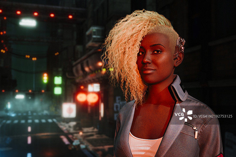 未来城市中，剃光发型的未来女性佩戴着未来感耳机图片素材