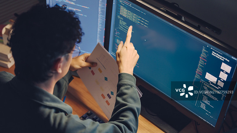 白人男性程序员或IT专家软件开发人员正在双屏电脑上查看基于视觉图表、图解和设计线框的代码设计，进行集成和开发。图片素材