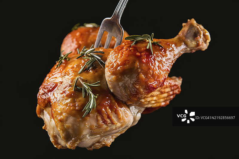 一张美味的烤鸡腿照片，涂抹着浓郁的金棕色酱汁图片素材