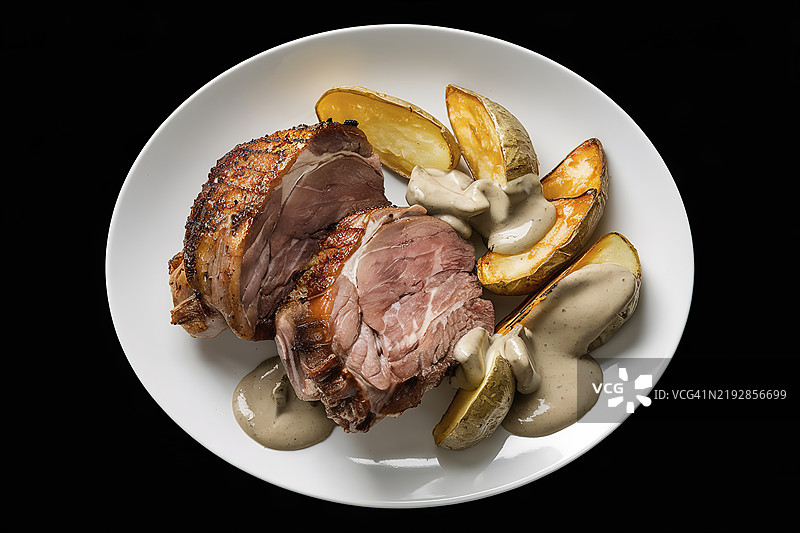 一张白色盘子上摆放着烤颈肉猪肉和烤土豆角，配有奶油蘑菇酱的照片图片素材
