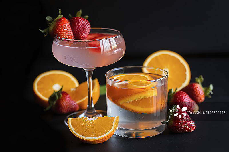 新鲜草莓和橙子鸡尾酒的照片图片素材