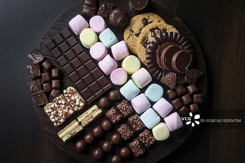 一张黑巧克力、棉花糖、饼干和各种巧克力糖果的照片图片素材