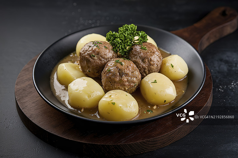 一盘肉丸和煮土豆，浸泡在肉汁中图片素材
