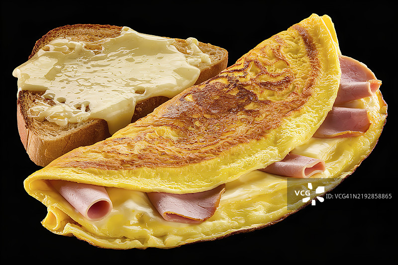 一张毛茸茸的煎蛋卷，上面放着一片火腿和一片融化的奶酪面包，背景为黑色。图片素材