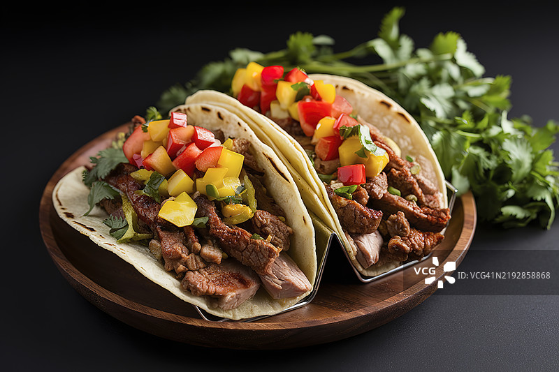 一盘装满五彩缤纷食材的塔可，背景为黑色。图片素材