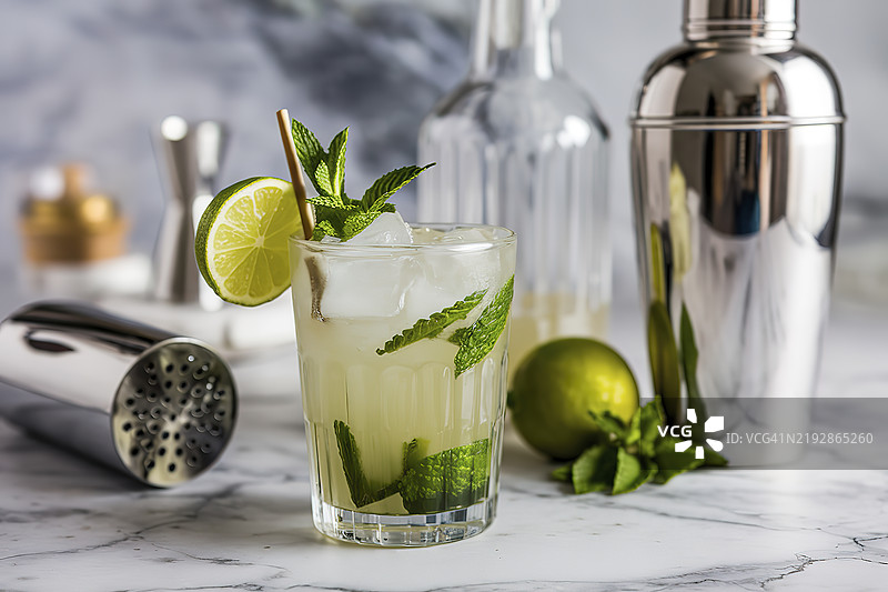 一杯自制的莫吉托鸡尾酒，上面放有青柠角和薄荷叶图片素材
