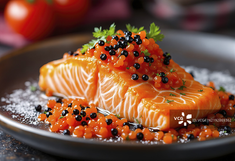 炸三文鱼配红黑鱼子酱图片素材