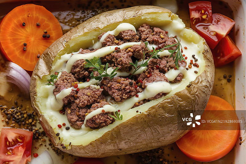 一个装满肉馅土豆的烤盘照片图片素材