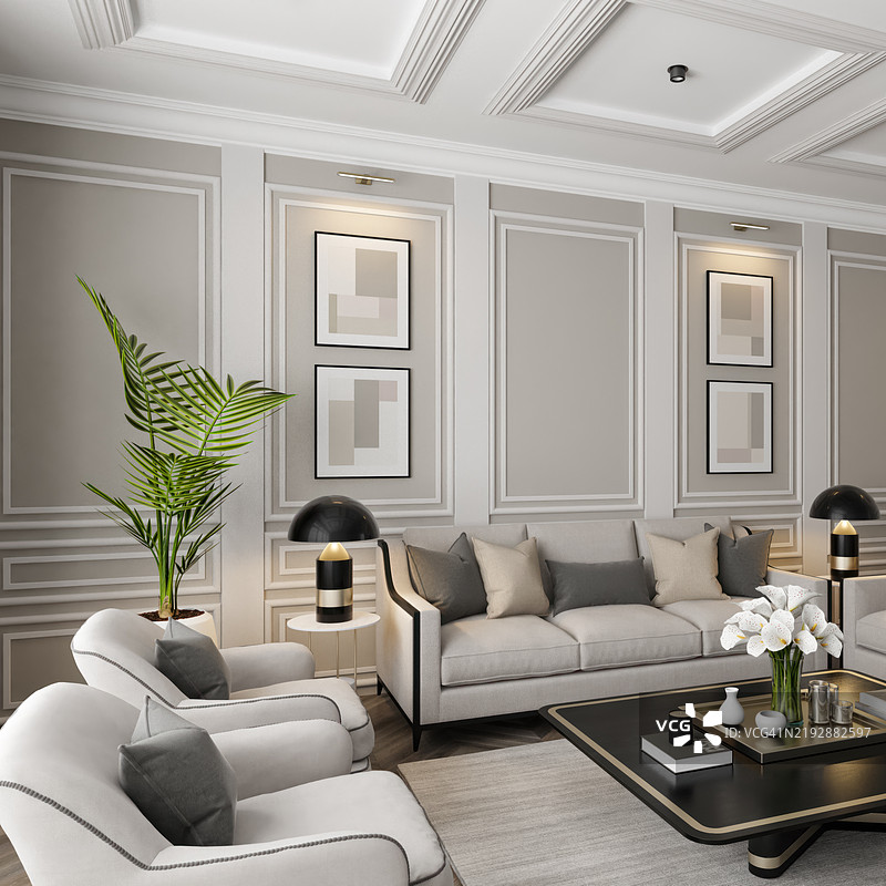 新古典风格的巴黎奢华客厅，米色墙壁和硬木地板图片素材