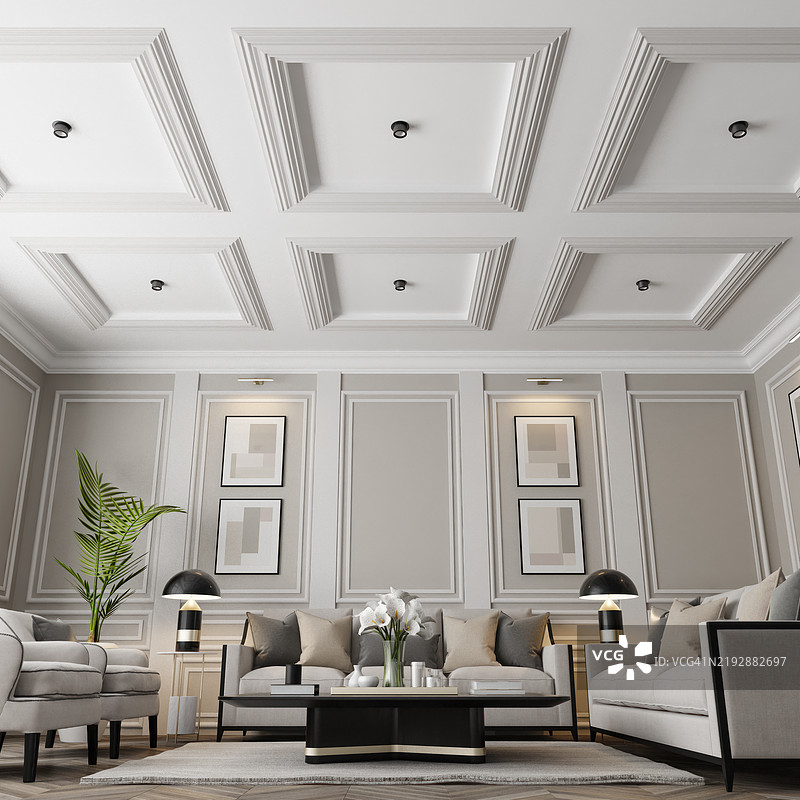 新古典风格的巴黎奢华客厅，米色墙壁和硬木地板图片素材