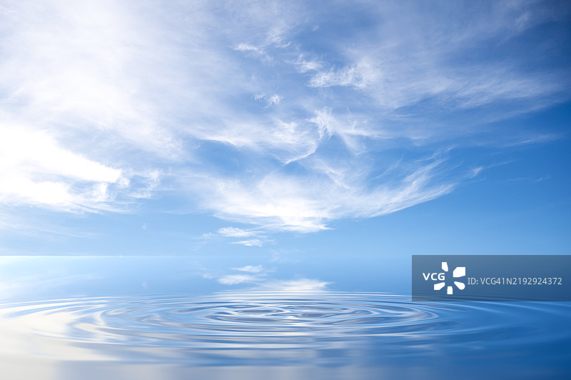 清澈的海水上滴落的水珠，晴朗的天空。展示产品的概念背景。图片素材