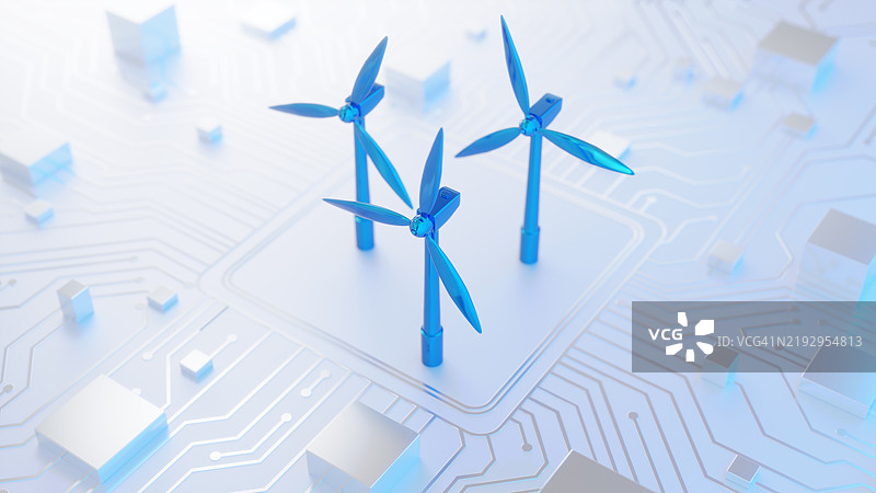 电路板上的风力涡轮机描绘绿色能源与科技图片素材