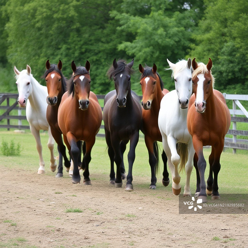 七匹马在田野上站立的肖像图片素材