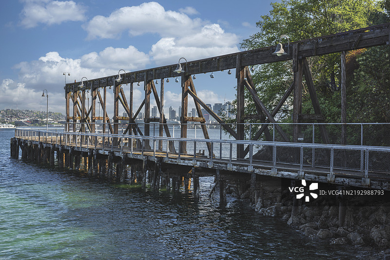 西雅图，华盛顿州，美国，河上桥梁与天空的景观图片素材