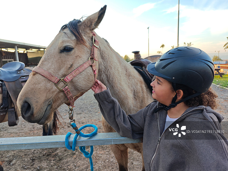 小女孩在马厩与马建立亲密关系。图片素材