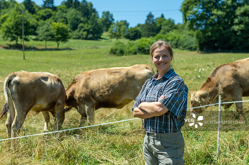 自豪的女性农民站在她的牛群旁边，位于牧场中图片素材