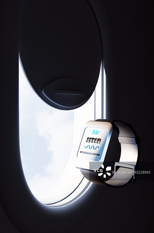 抽象时钟与机械清洁空气计靠近飞机窗户。用于测量空气污染或使用清洁空气的设备。图片素材