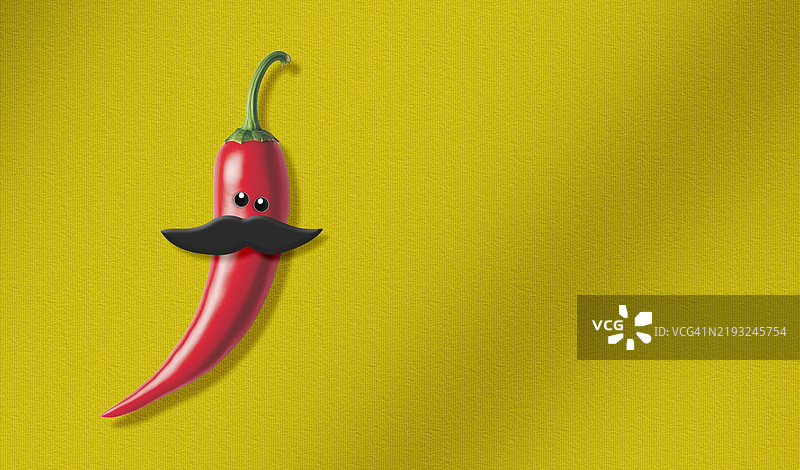 展示一个红辣椒角色，戴着传统的墨西哥草帽和顽皮的胡子。这个辣椒面带愉快的表情。图片素材