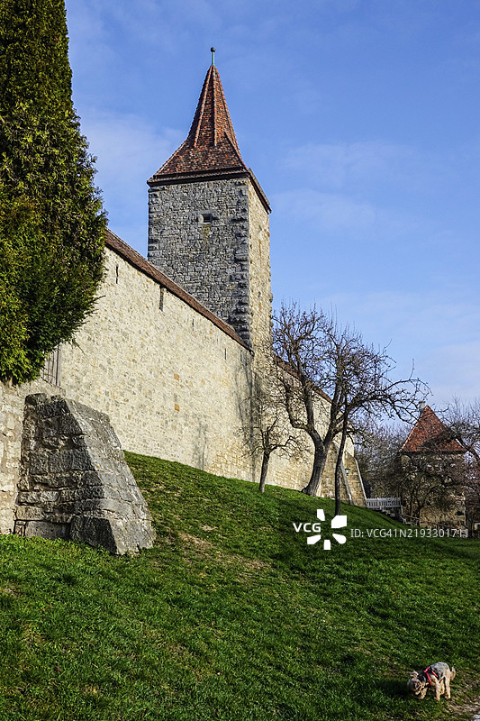 德国巴伐利亚自由州，弗兰肯地区，中弗兰肯，安斯巴赫区，罗滕堡，圣托马斯塔的东城墙图片素材