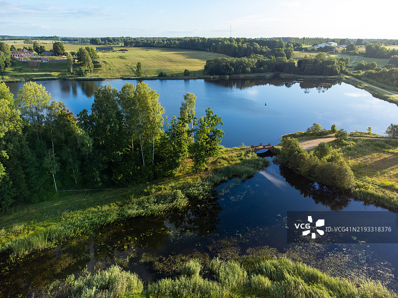 美丽的夏季小湖景观，绿树和田野，航拍拍摄。图片素材